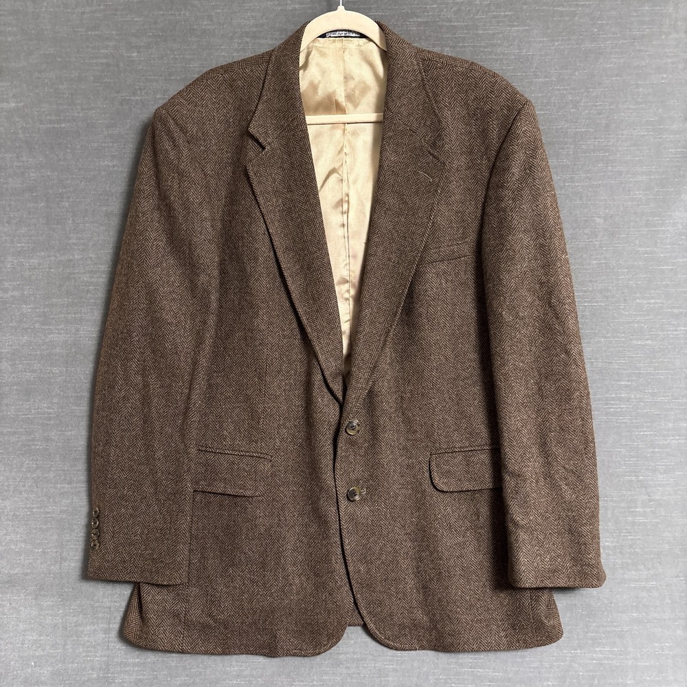 Vintage Land End Sport Coat 44L Brown Lambswool Herringbone Tweed Blazer USA 46L - Picture 2 of 12